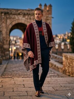 Burgundy Geometric Trim Poncho